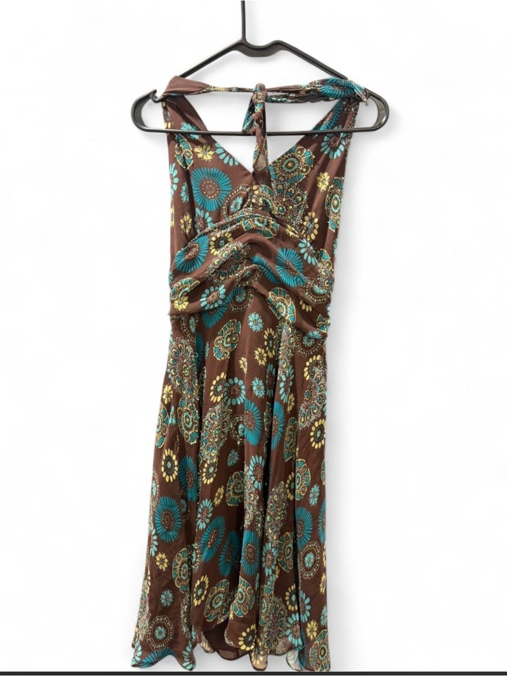 Robbie Bee Silk Brown Floral Halter Maxi Dress with Teal and Yellow Print